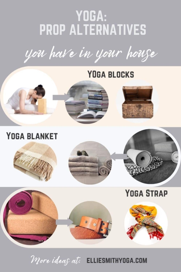Alternatives to conventional yin yoga props are shown, including a book or box to replace yoga blocks, a towel or throw to replace yoga blankets, and a belt or scarf to replace yoga straps.