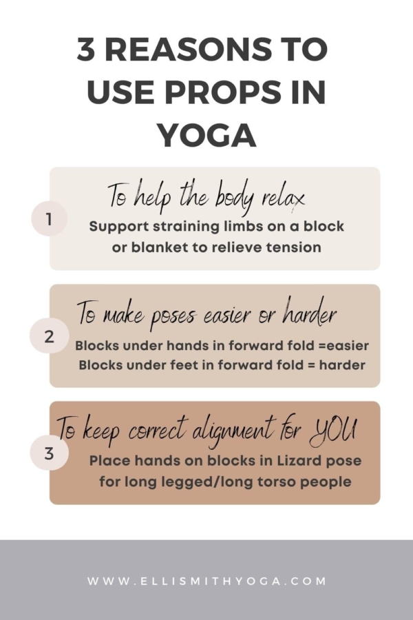 In a beige, mid-beige, and mid-brown rectangle respectively are listed the following reasons to use props in yoga: to help the body relax, to make a pose either easier or harder, and to develop the correct alignment for you.