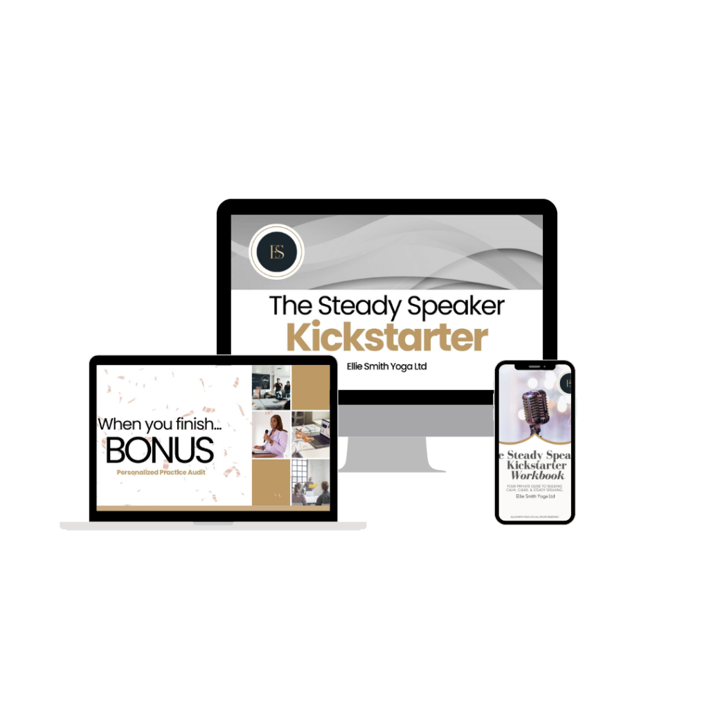 A mockup of computers and tablets displaying The Steady Speaker Kickstarter course information