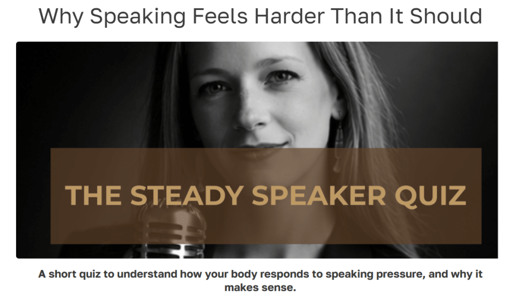 A young woman standing behind a vintage mic with the title "The Steady Speaker Quiz" overlayed