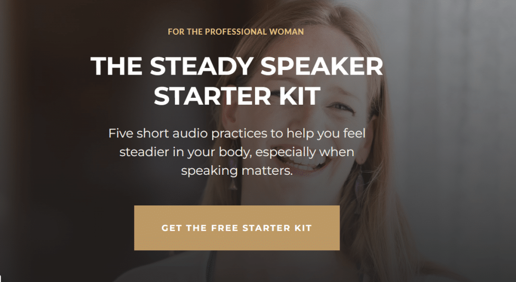young woman smiling behind title overlay reading "steady speaker starter kit"