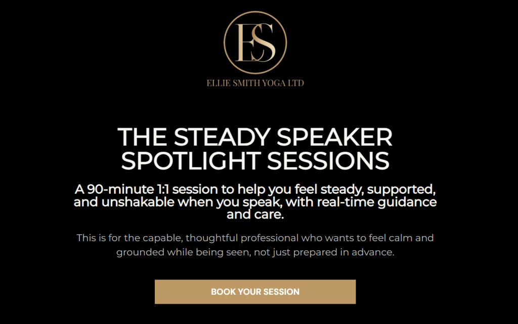 Text that reads "the steady Speaker Spotlight Session" describing a 90-minute zoom call to help ease public speaking anxiety