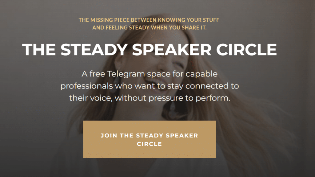 A young woman laughing behind the overlayed title The Steady Speaker Circle